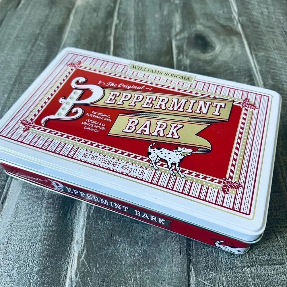 Williams Sonoma Peppermint Bark Holiday Dog Tin Storage Container